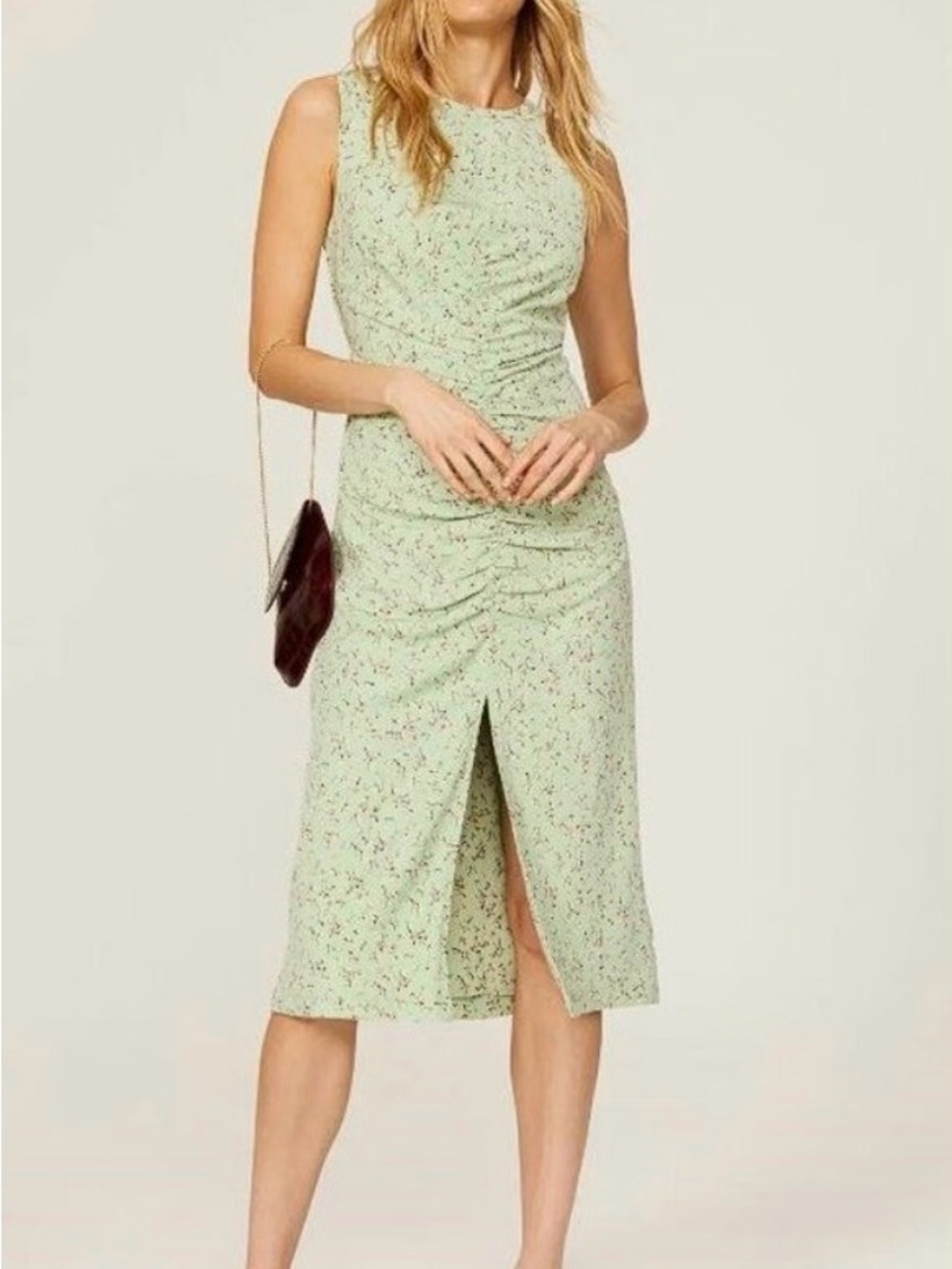 Sleeveless Mint Floral Ruched Midi Dress with Front Slit